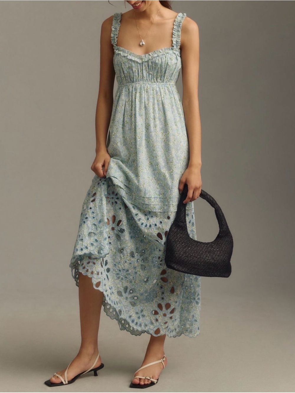 New With Tags Anthropologie Pale Blue Floral Eyelet Maxi Dress